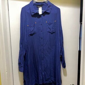 NWT Women's 2x Paper Tee Dark Blue Oversized Swim Cover up collar long sleeves